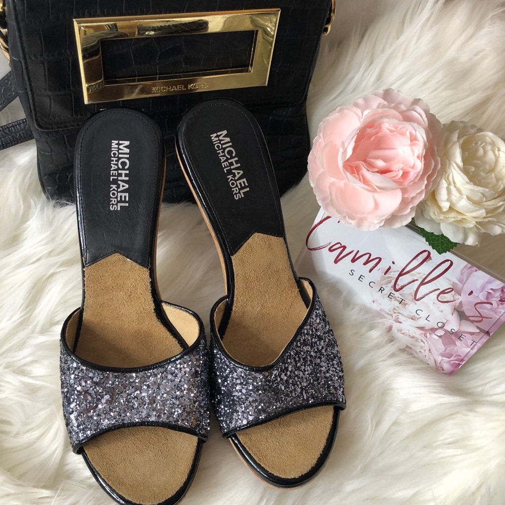 Michael Kors | Wood Platform Silver Glitter Mule 9